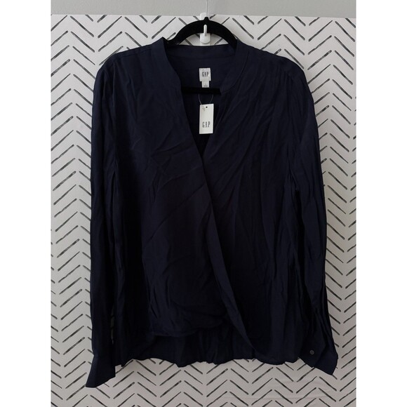 NWT Gap Long Sleeve Folded Wrap Navy Uniform Blouse Top Size Large - Picture 1 of 7